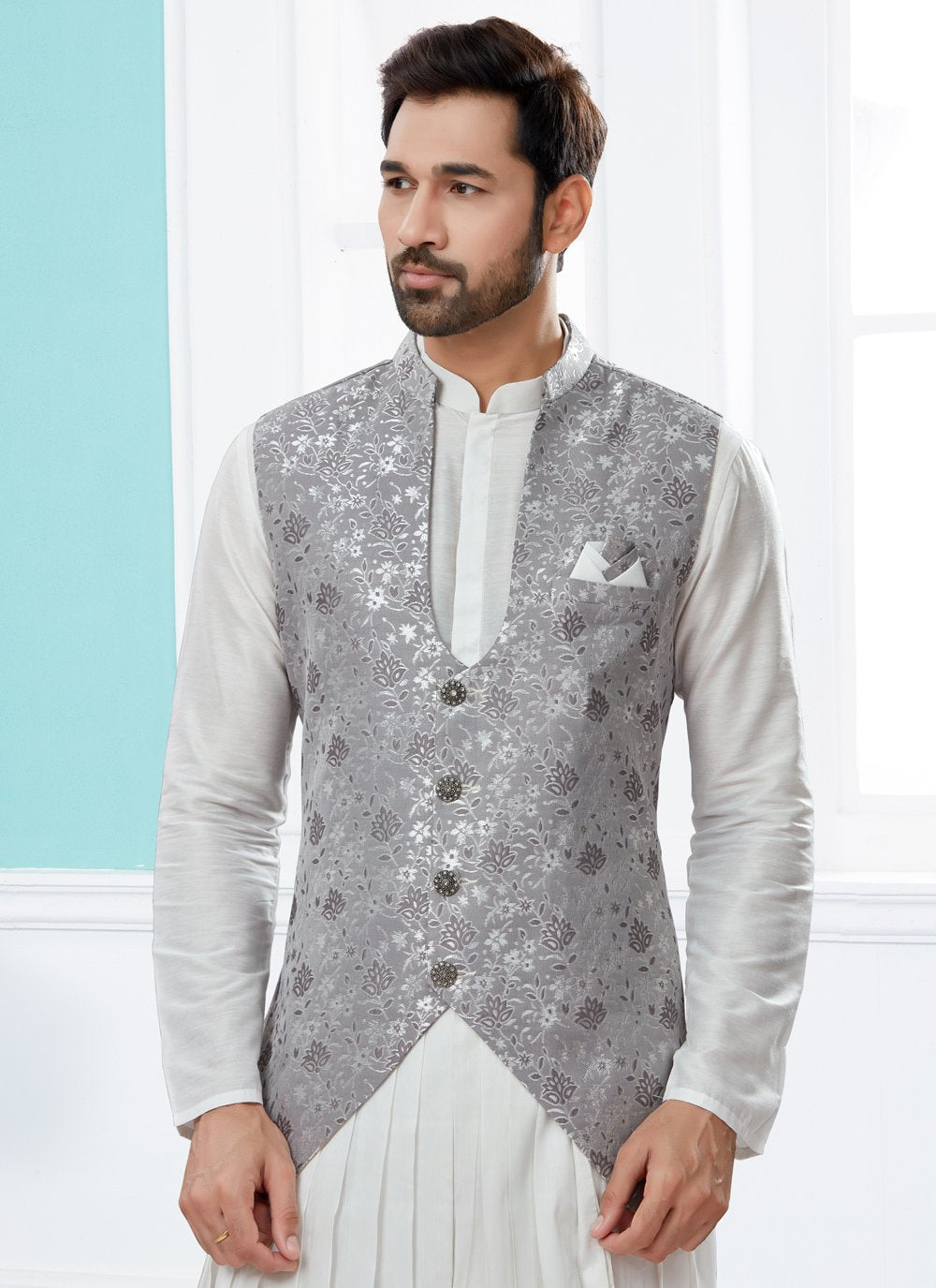 Indo Western Banarasi Silk Dupion Silk Grey Off White Jacquard Work Mens