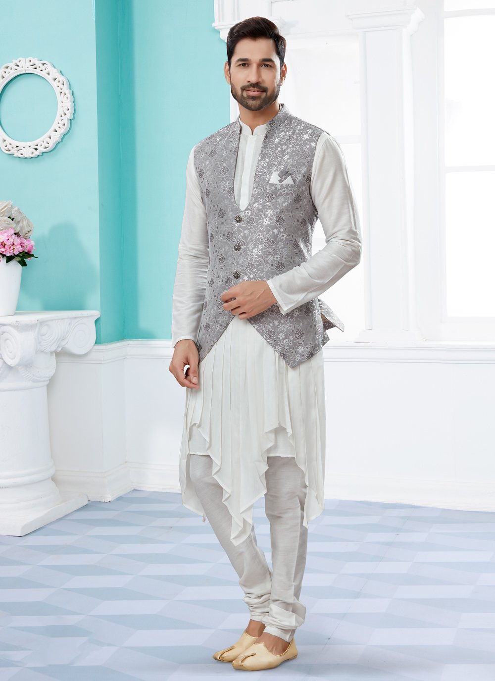 Indo Western Banarasi Silk Dupion Silk Grey Off White Jacquard Work Mens