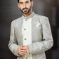 Indo Western Sherwani Dupion Silk Jacquard Grey Off White Embroidered Mens