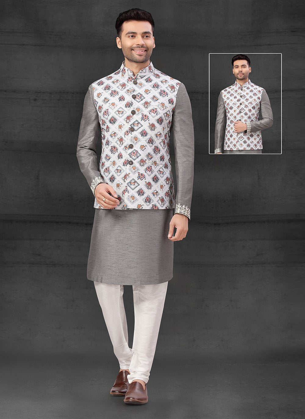 Kurta Payjama With Jacket Silk Grey Off White Thread Mens