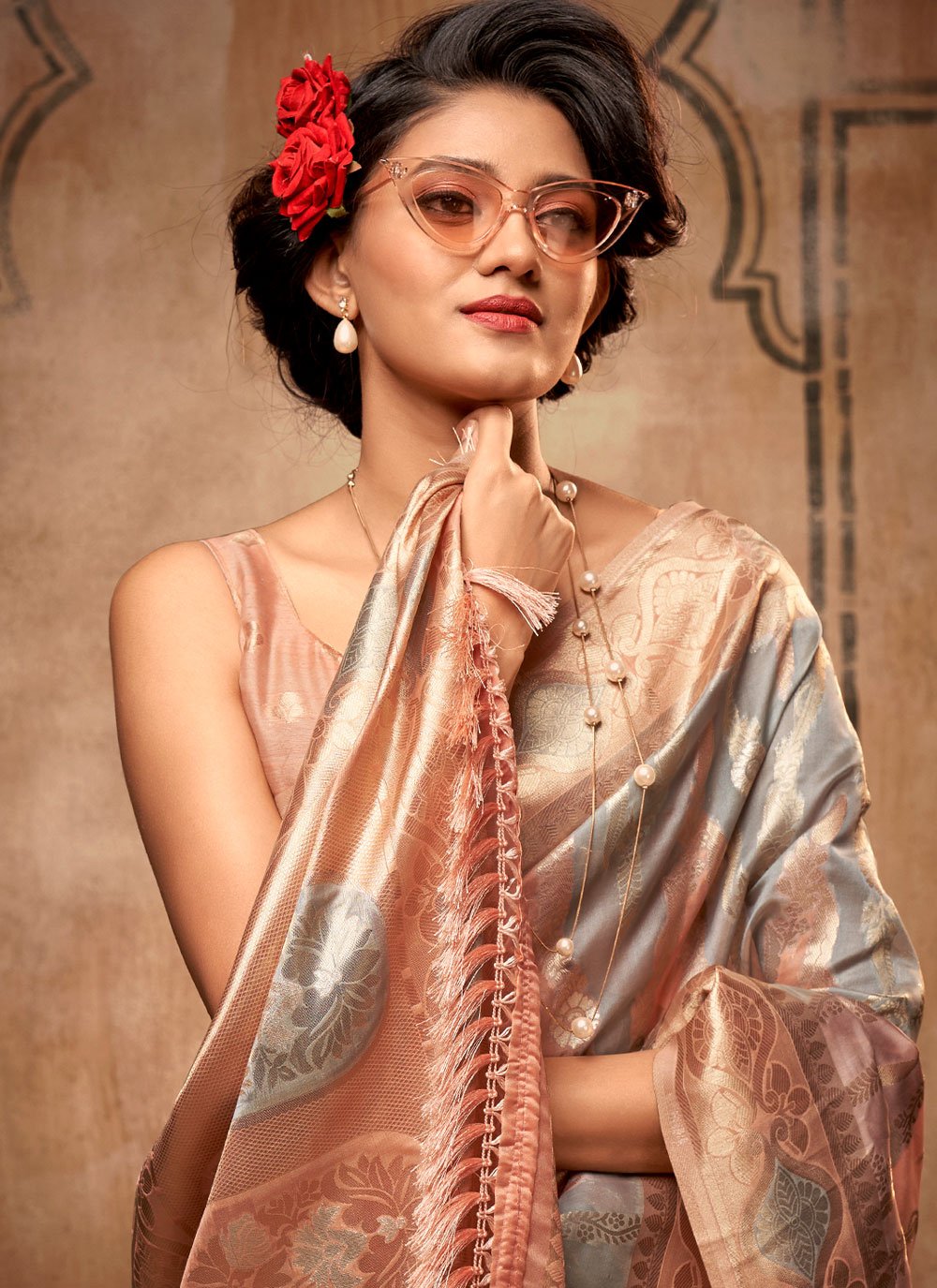 Trendy Saree Organza Silk Grey Peach Weaving Saree