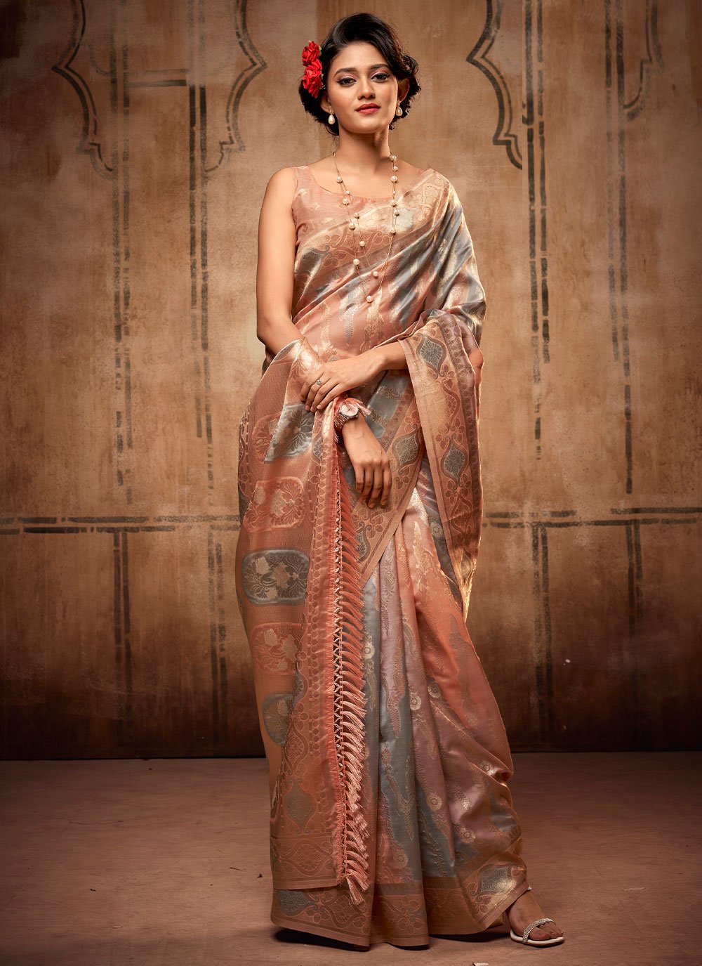 Trendy Saree Organza Silk Grey Peach Weaving Saree