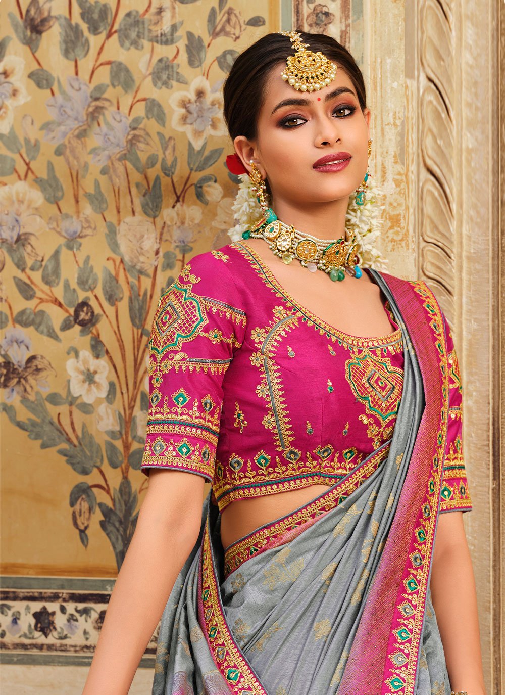 Classic Fancy Fabric Grey Pink Embroidered Saree