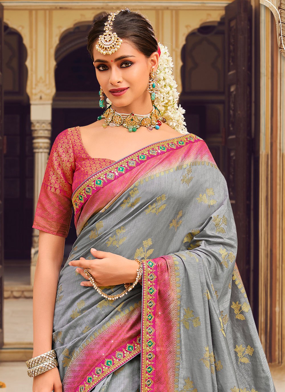 Classic Fancy Fabric Grey Pink Embroidered Saree