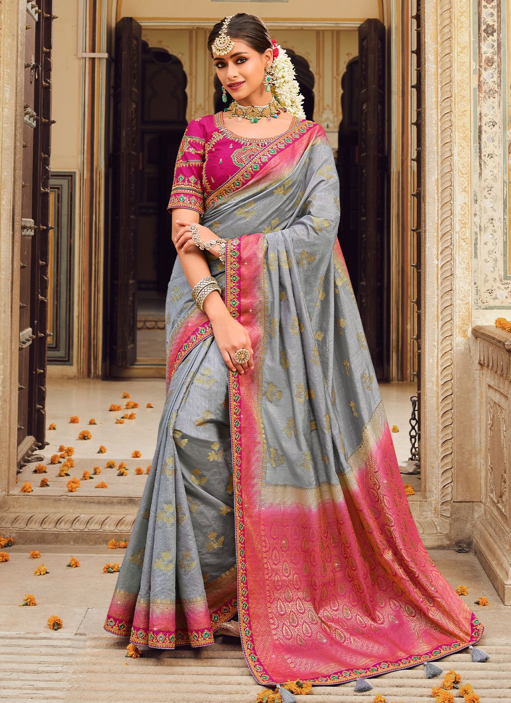 Classic Fancy Fabric Grey Pink Embroidered Saree