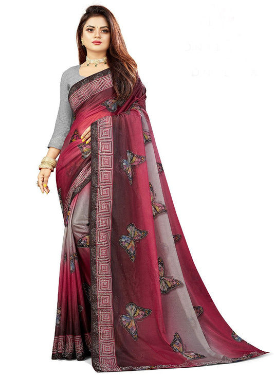 Contemporary Lycra Grey Pink Fancy Work Saree