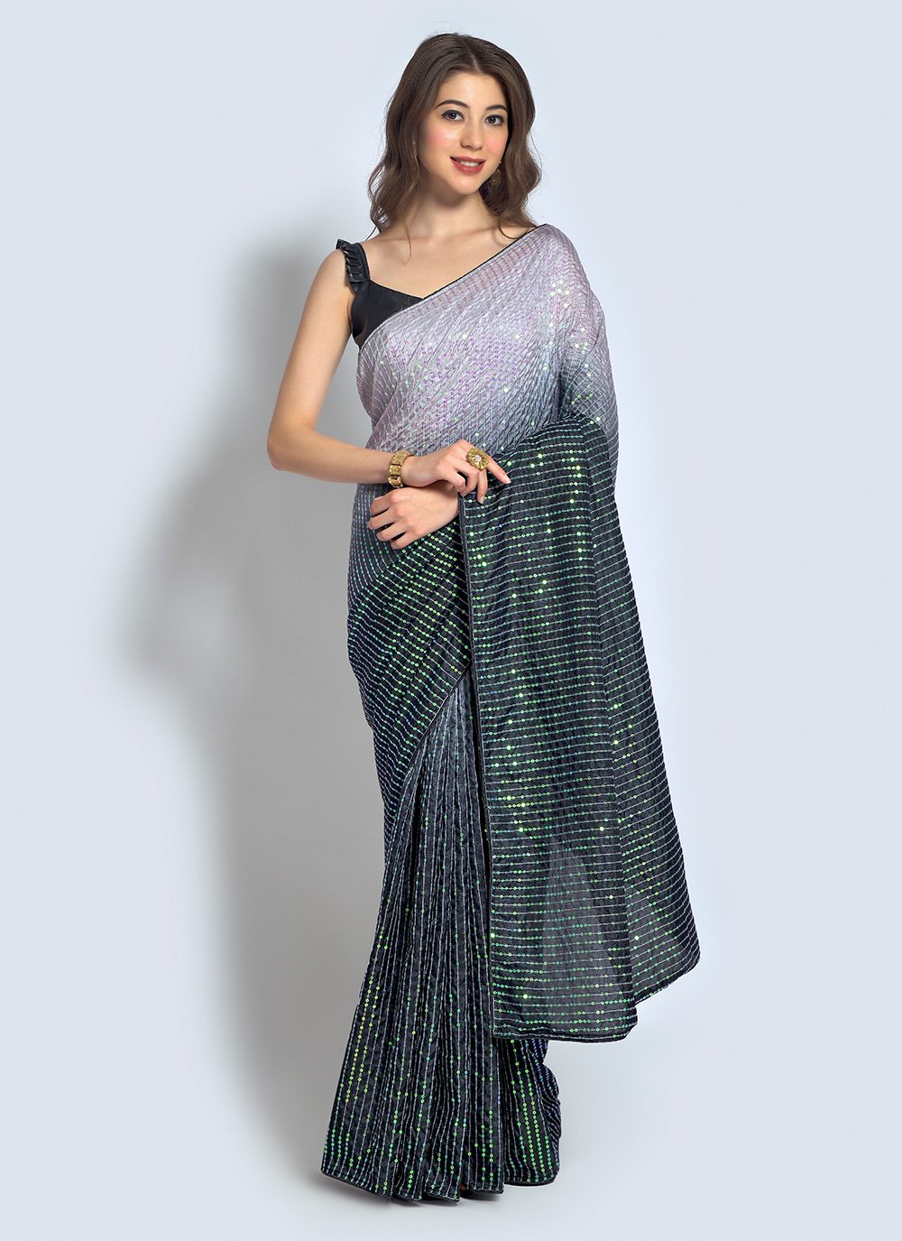 Shaded Saree Georgette Grey Pink Sequins Saree