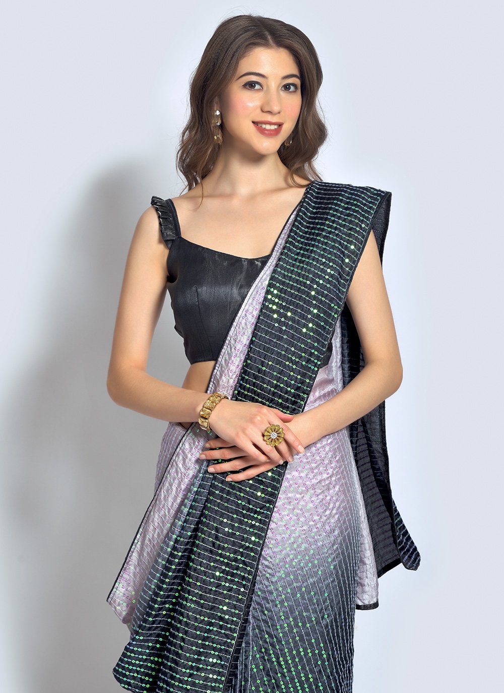 Shaded Saree Georgette Grey Pink Sequins Saree