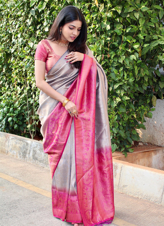 Contemporary Silk Grey Pink Woven Saree