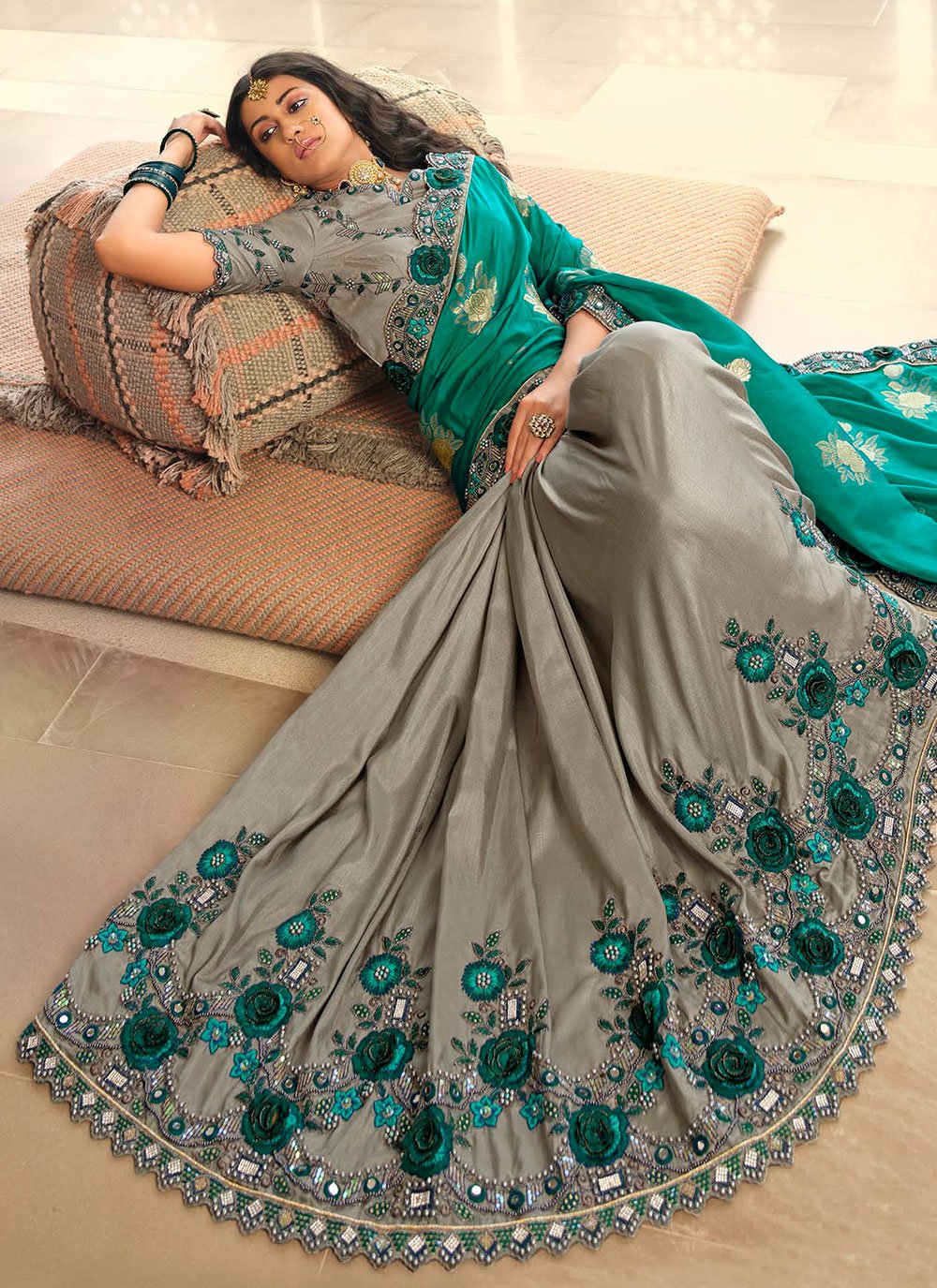 Classic Silk Grey Rama Embroidered Saree