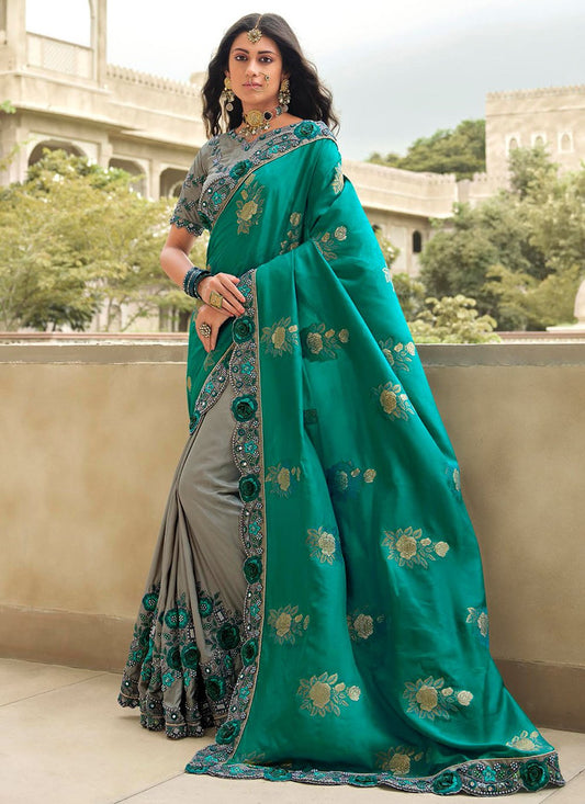 Classic Silk Grey Rama Embroidered Saree