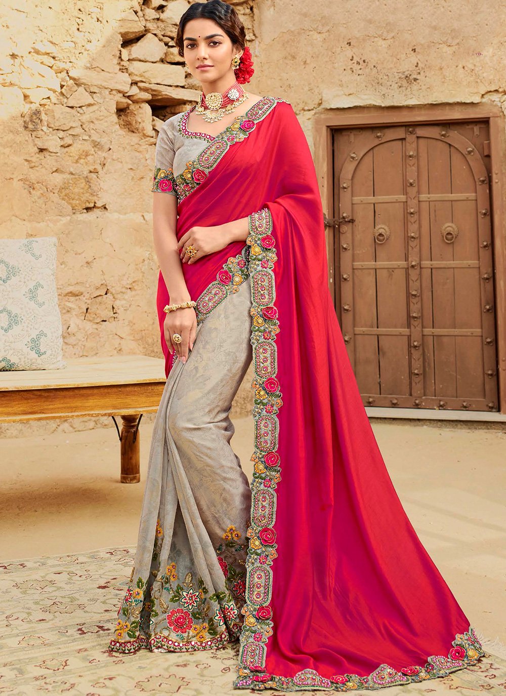 Trendy Saree Silk Grey Red Embroidered Saree
