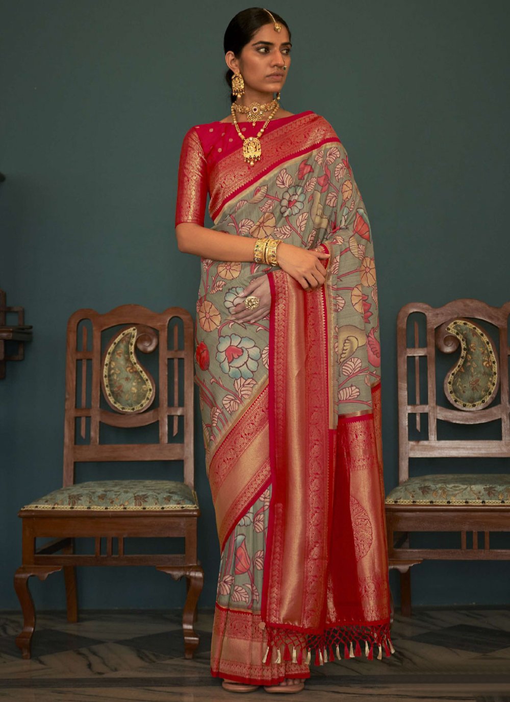 Trendy Saree Tussar Silk Grey Red Floral Patch Saree