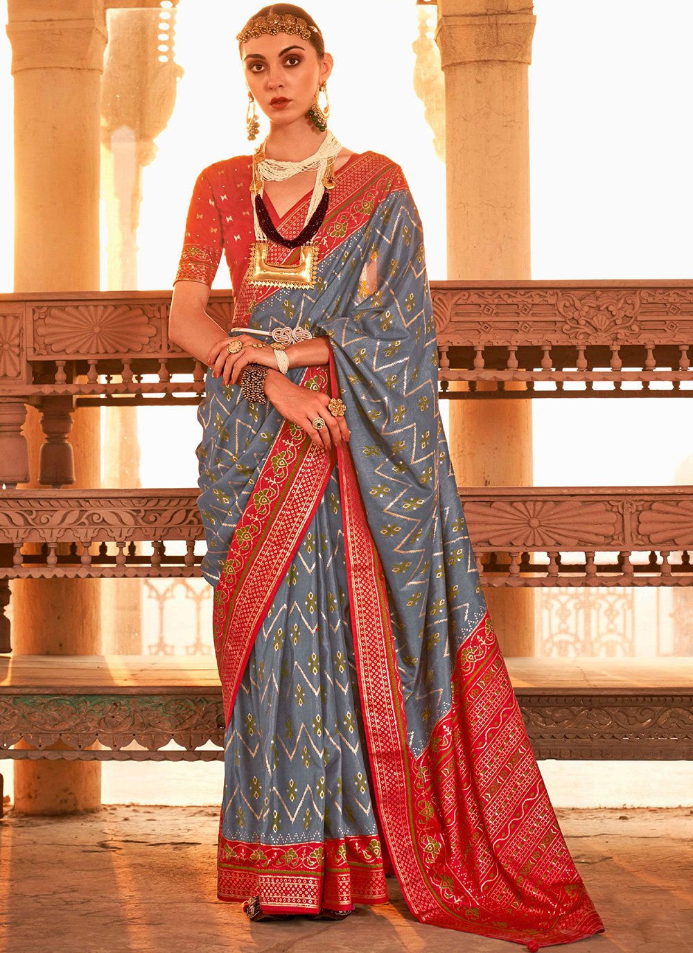 Trendy Saree Silk Grey Red Patola Print Saree