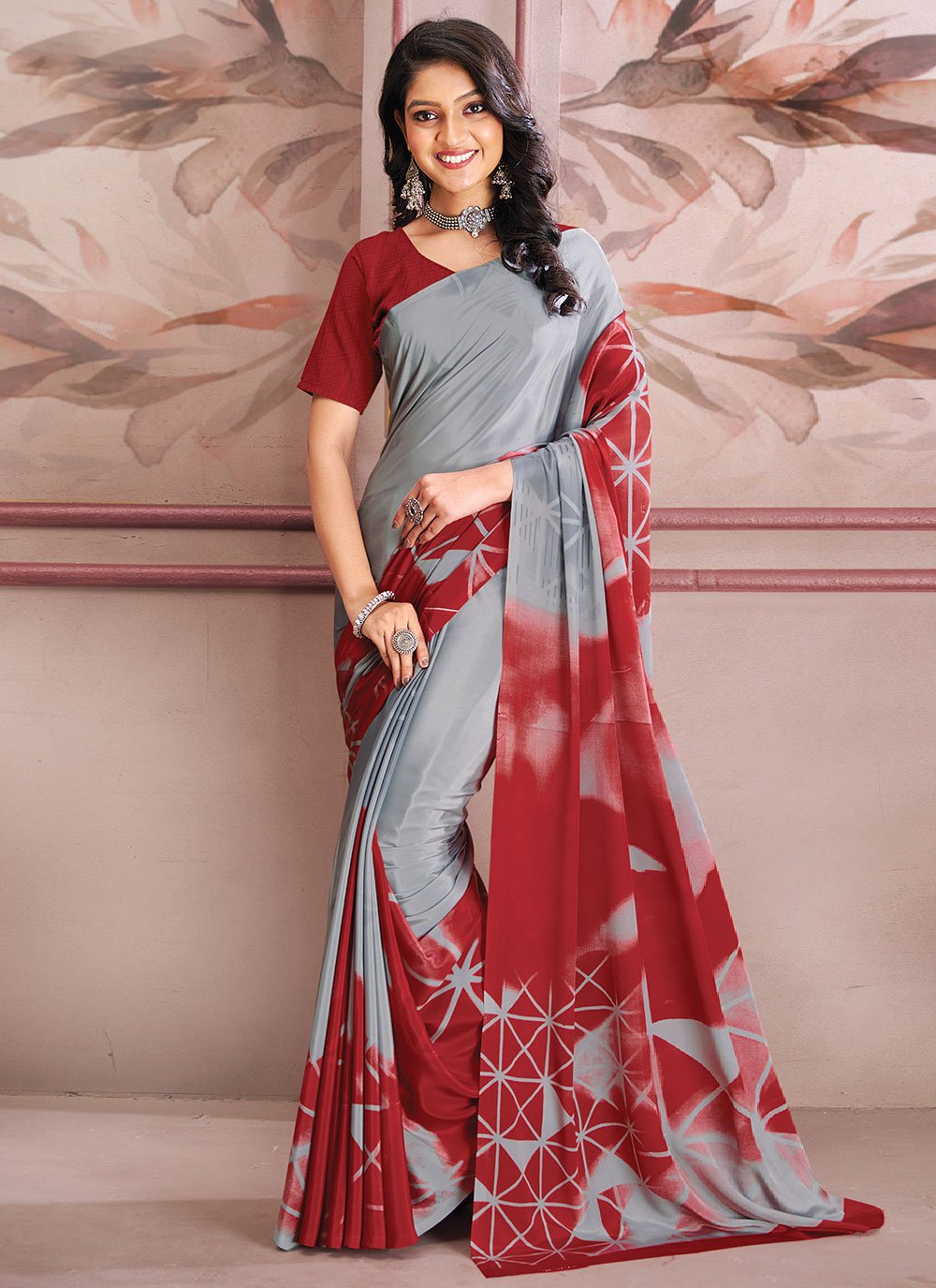 Classic Faux Crepe Grey Red Print Saree