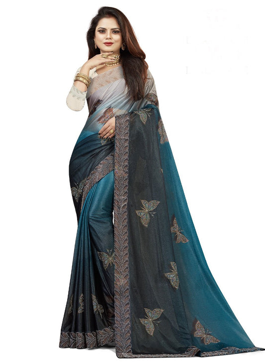 Contemporary Lycra Grey Teal Digital Print Saree