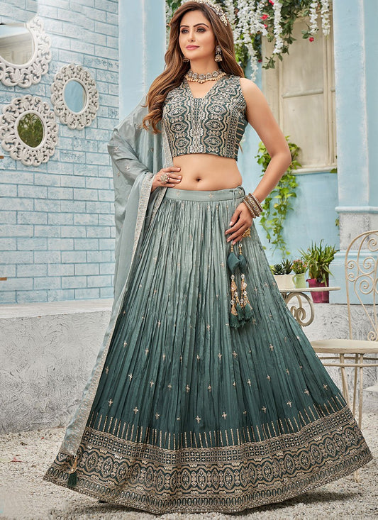 Lehenga Choli Chinon Grey Teal Embroidered Lehenga Choli