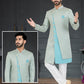 Indo Western Jacquard Grey Turquoise Weaving Mens