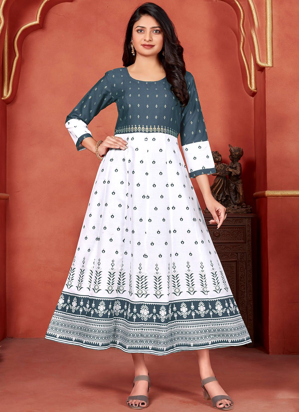 Designer Kurti Rayon Grey White Foil Print Kurtis