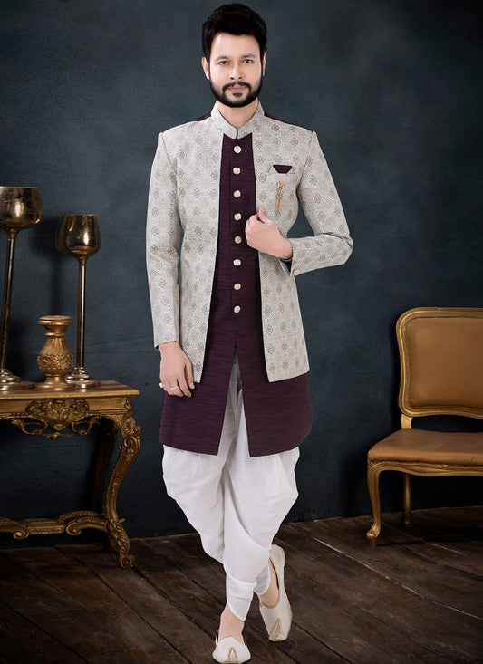 Indo Western Sherwani Jacquard Silk Grey Wine Embroidered Mens