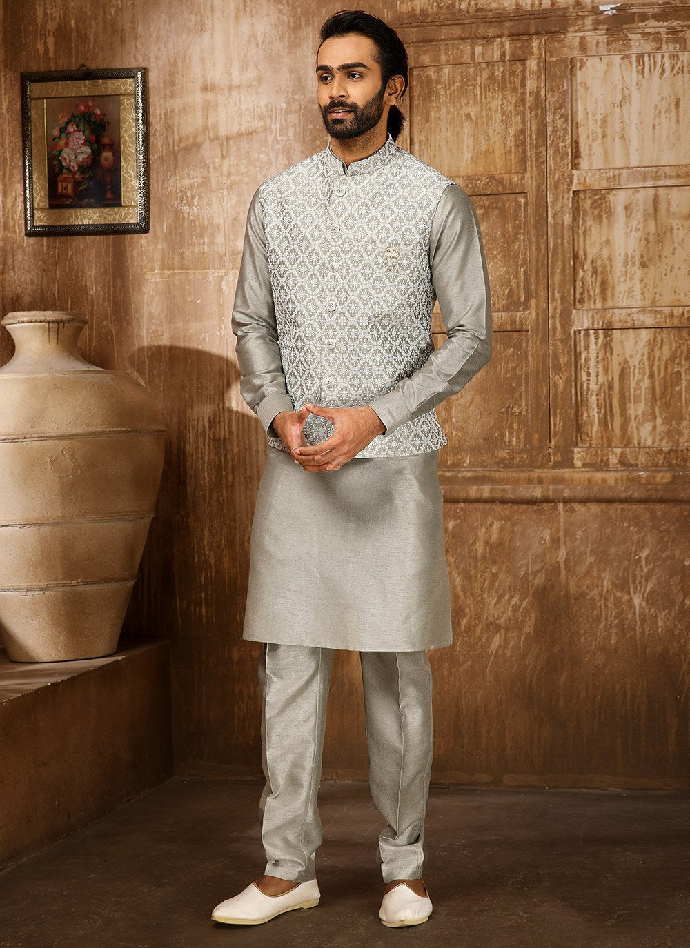 Kurta Payjama With Jacket Art Banarasi Silk Grey Embroidered Mens