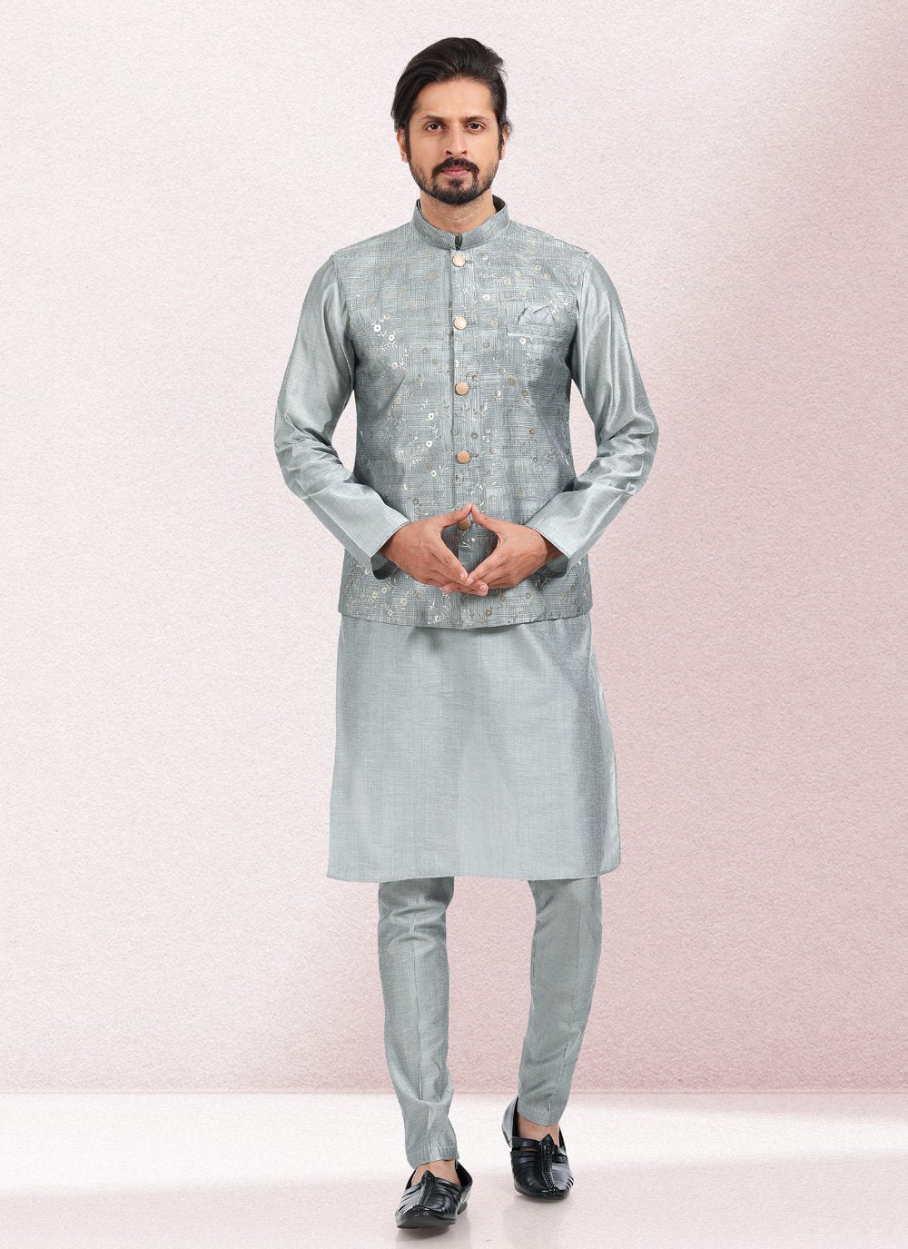 Kurta Payjama With Jacket Art Banarasi Silk Grey Print Mens