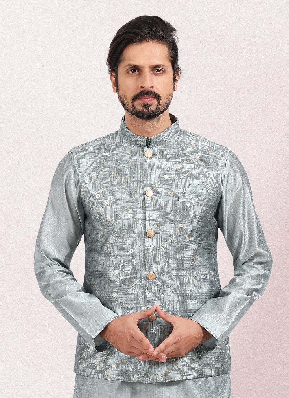 Kurta Payjama With Jacket Art Banarasi Silk Grey Print Mens