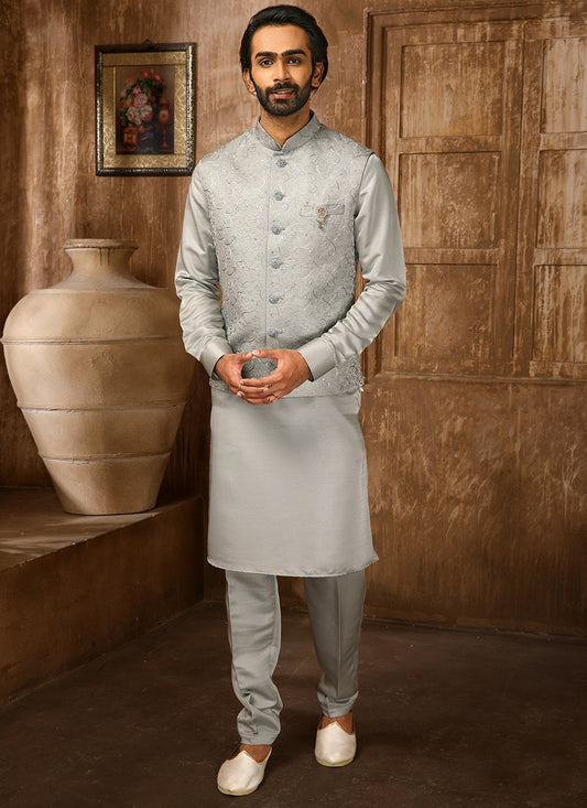 Kurta Payjama With Jacket Art Banarasi Silk Grey Embroidered Mens