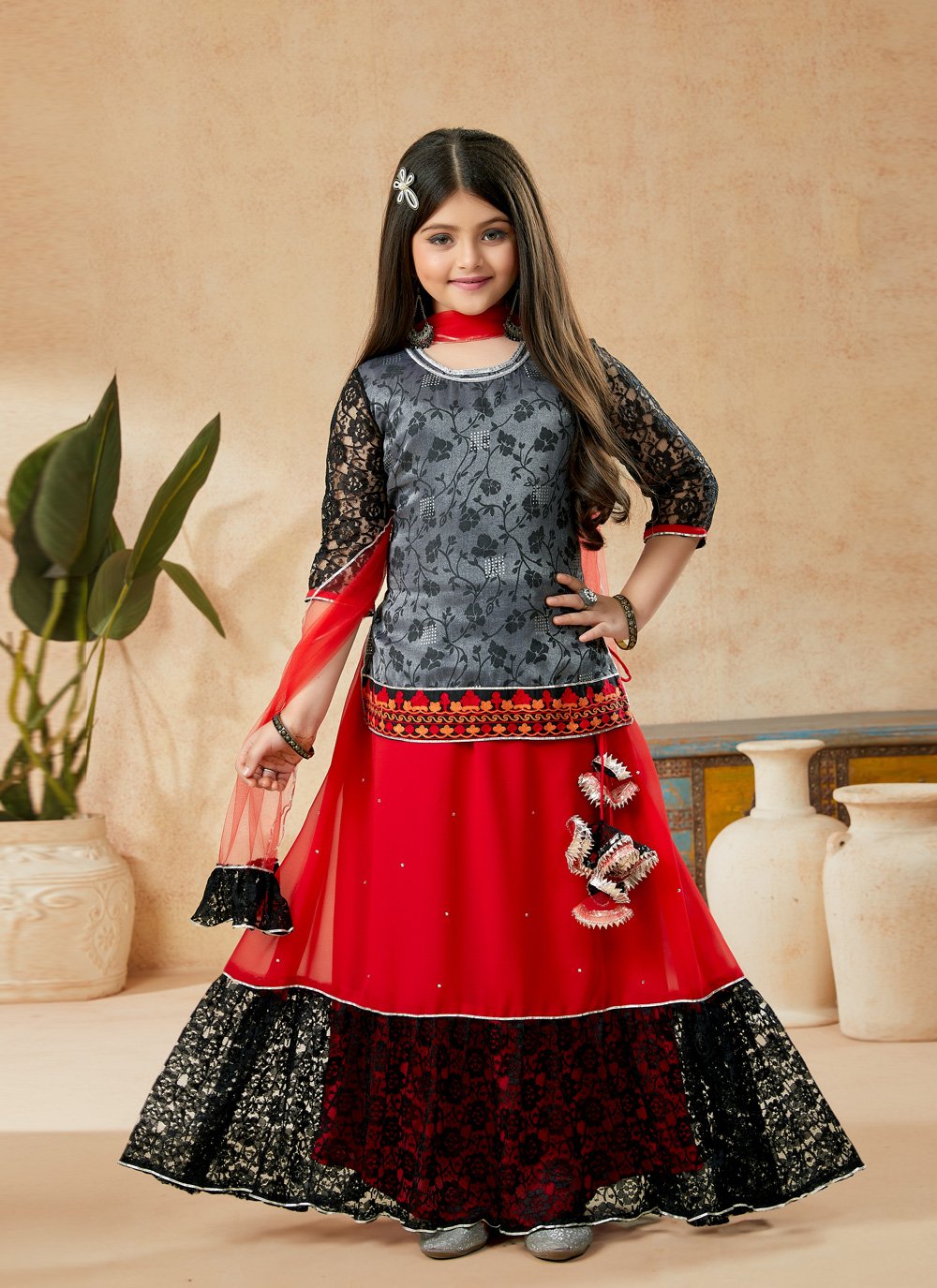 Lehenga Choli Art Silk Grey Embroidered Kids