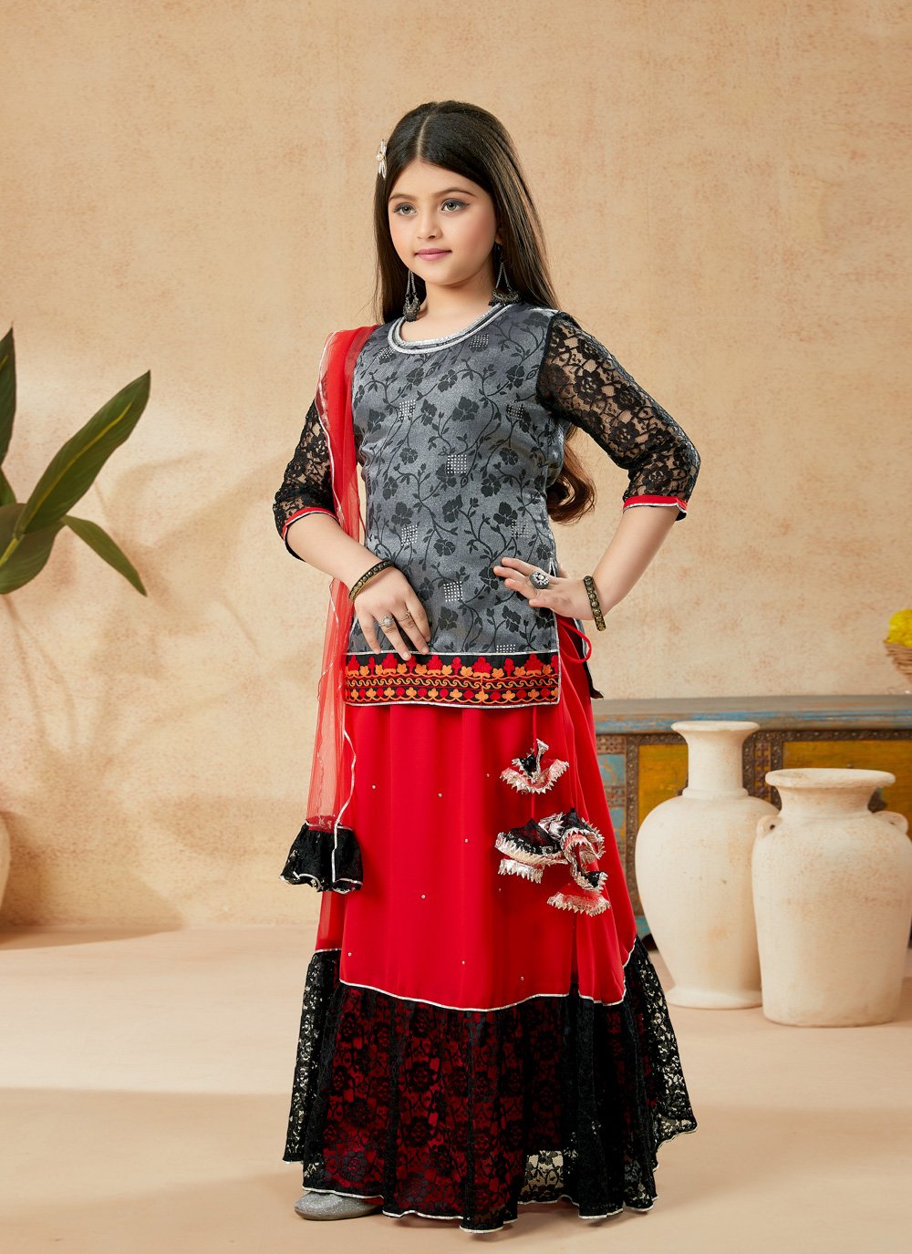 Lehenga Choli Art Silk Grey Embroidered Kids