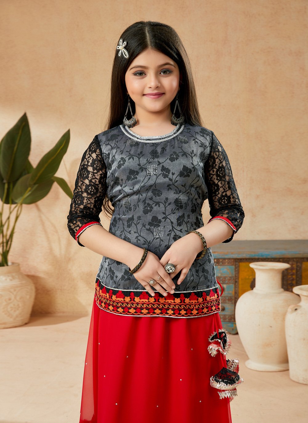 Lehenga Choli Art Silk Grey Embroidered Kids