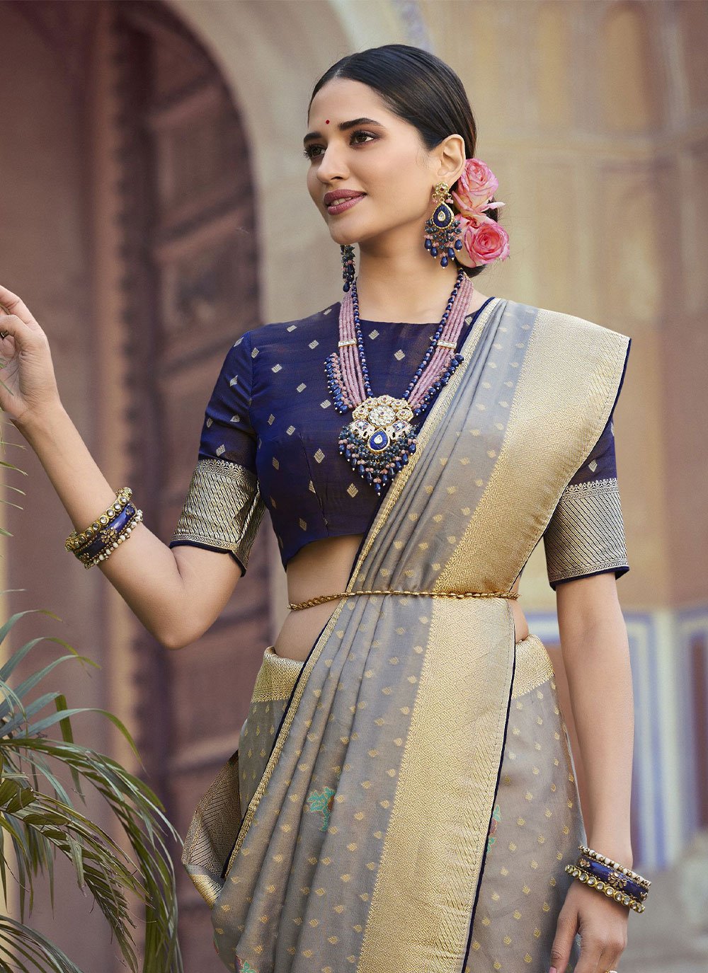 Classic Art Silk Grey Meenakari Saree