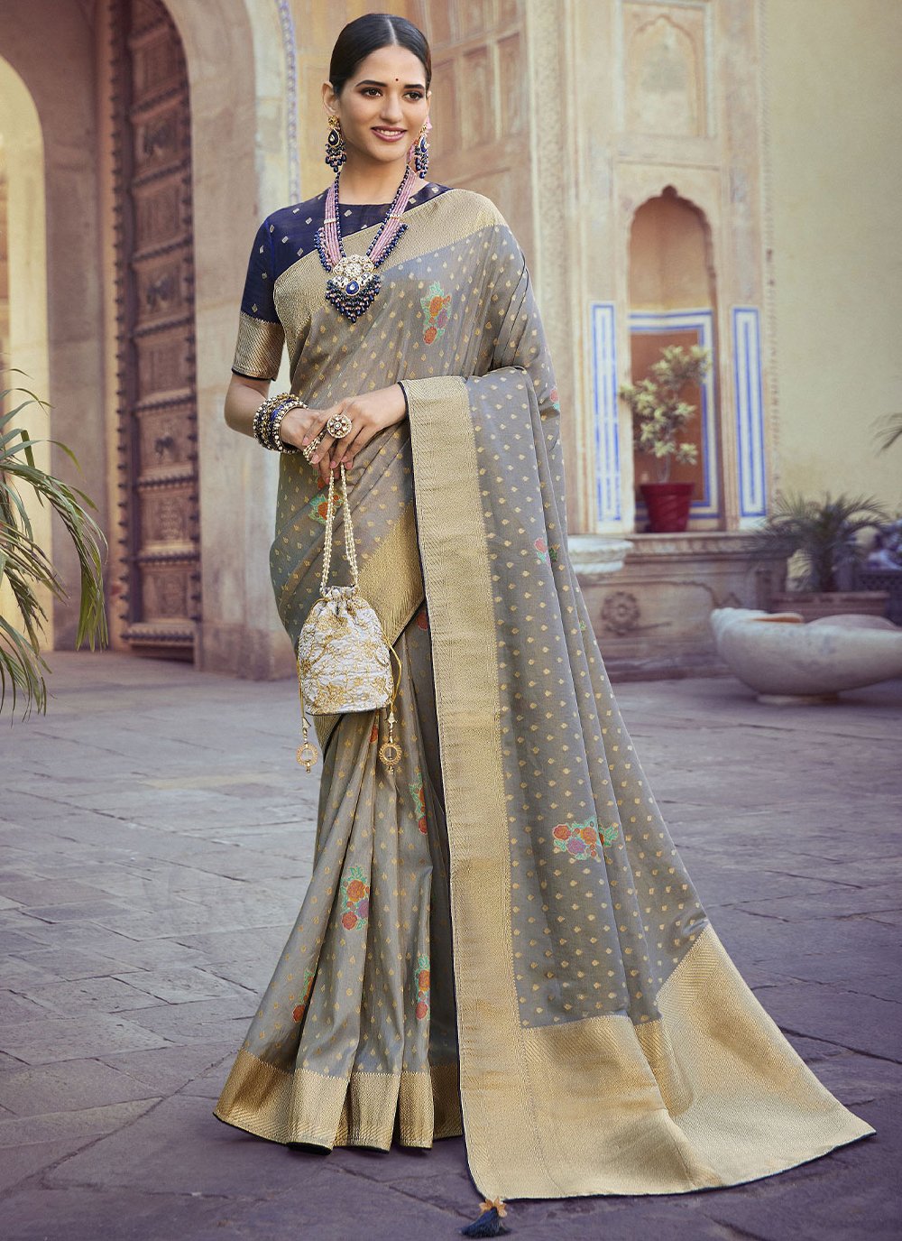 Classic Art Silk Grey Meenakari Saree