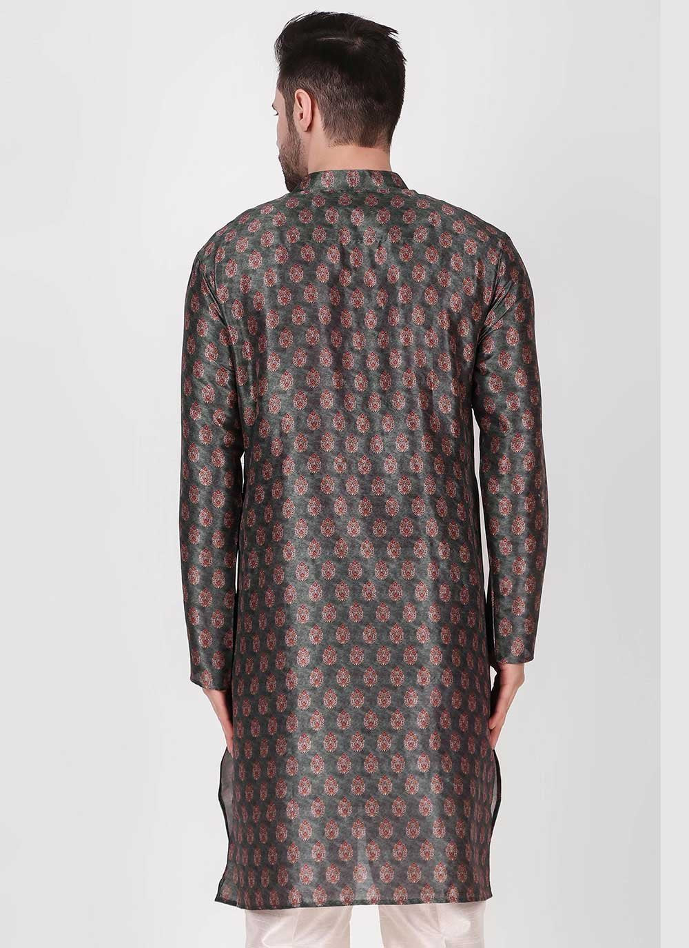 Kurta Pyjama Art Silk Grey Print Mens