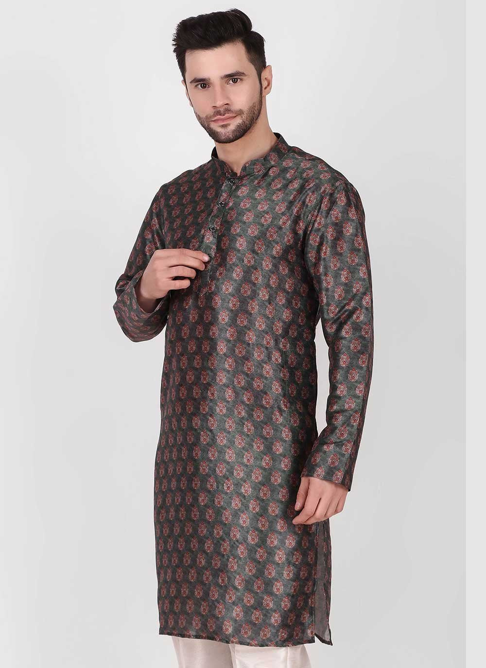 Kurta Pyjama Art Silk Grey Print Mens