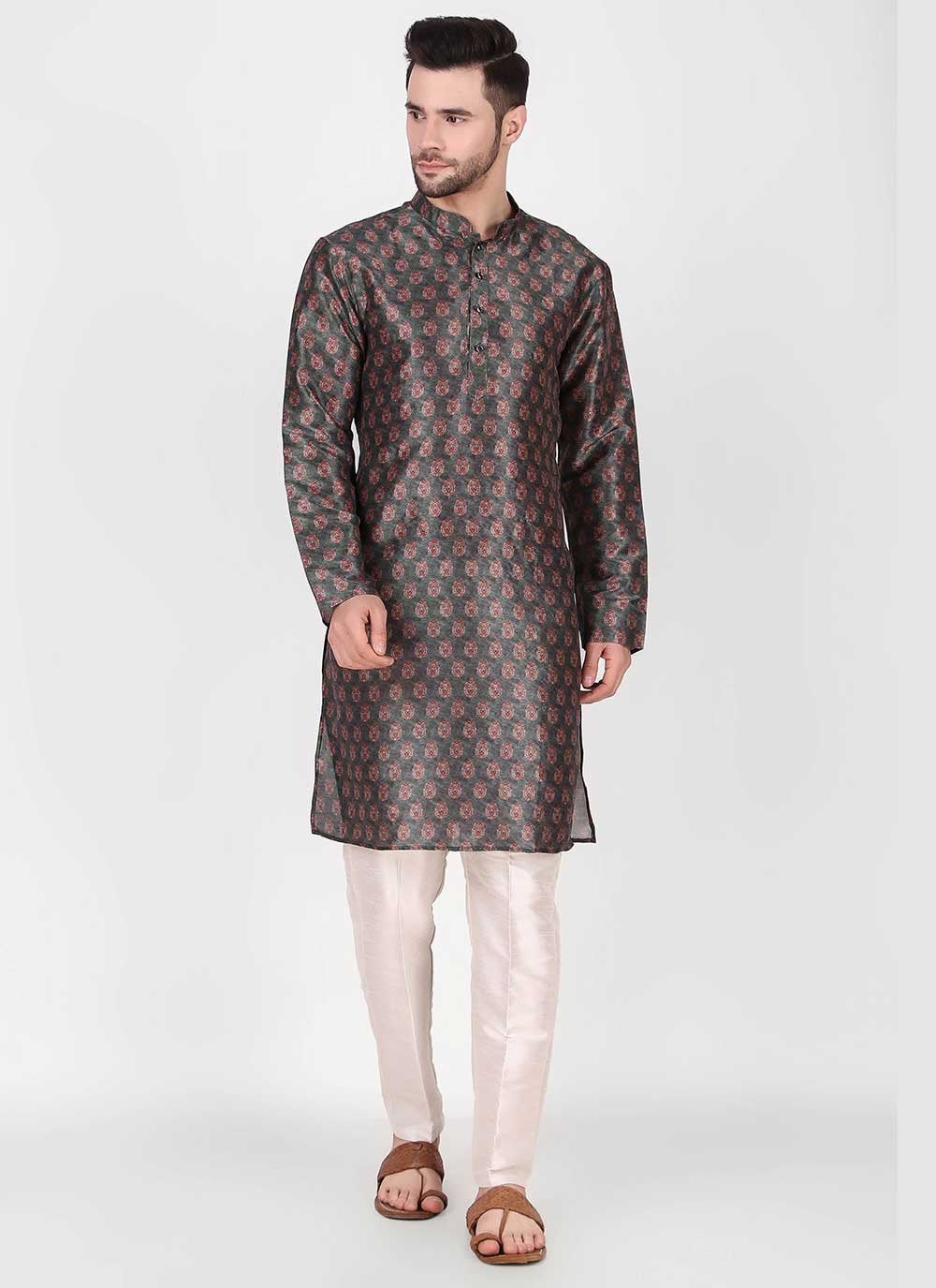 Kurta Pyjama Art Silk Grey Print Mens