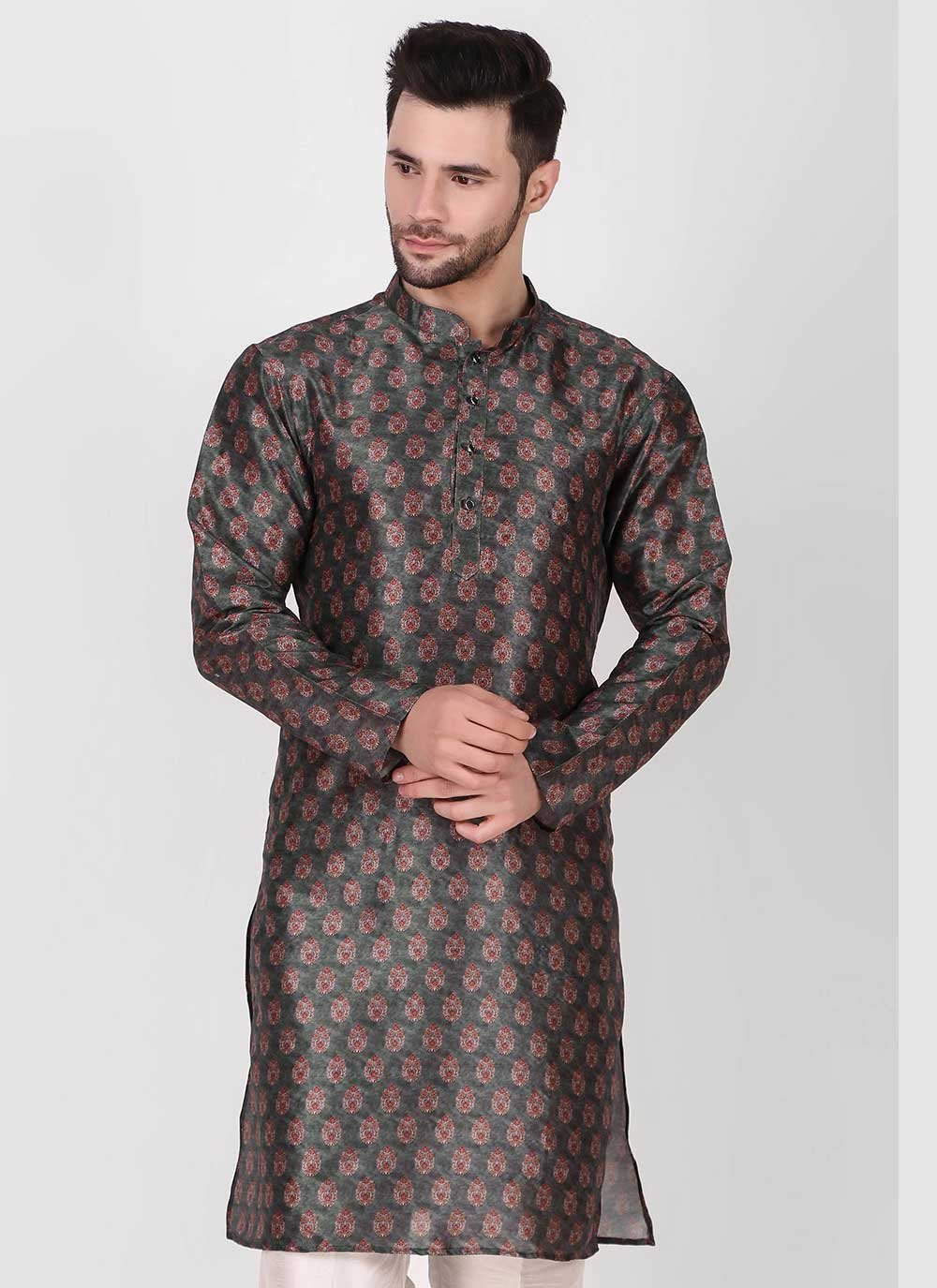 Kurta Pyjama Art Silk Grey Print Mens