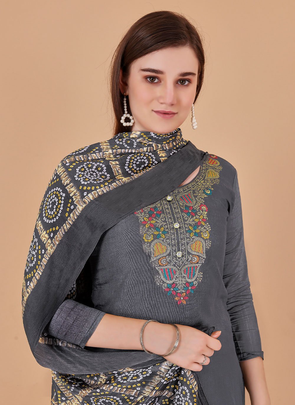 Salwar Suit Banarasi Silk Grey Jacquard Work Salwar Kameez