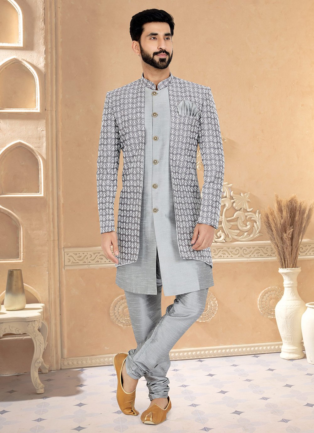 Indo Western Banarasi Silk Grey Embroidered Mens