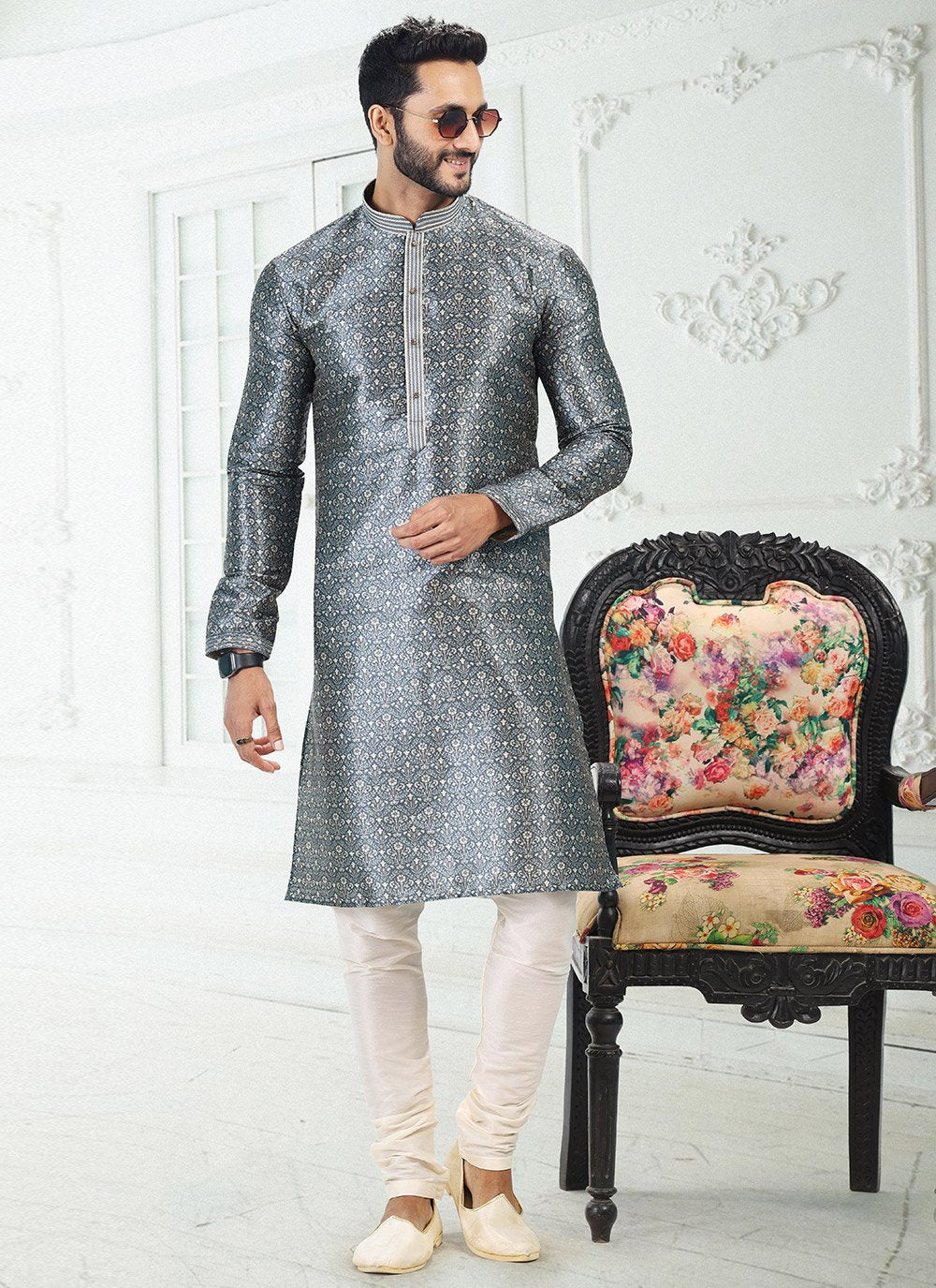 Kurta Pyjama Banarasi Silk Grey Digital Print Mens