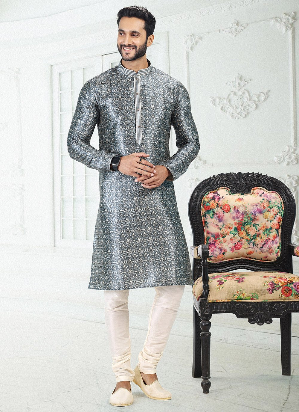 Kurta Pyjama Banarasi Silk Grey Digital Print Mens