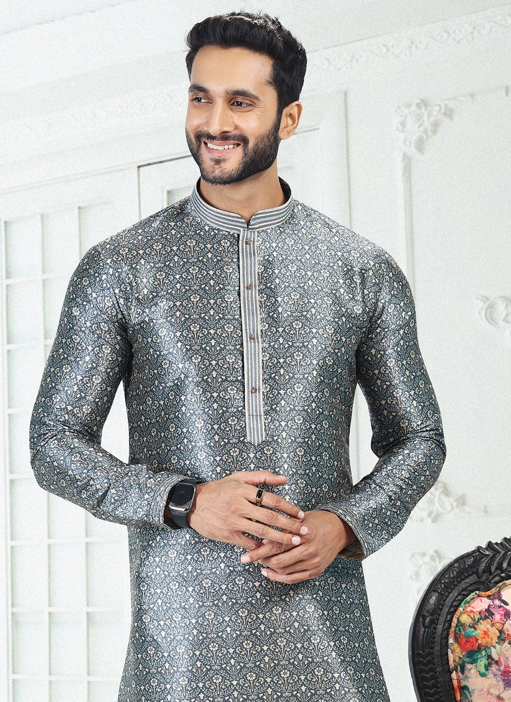 Kurta Pyjama Banarasi Silk Grey Digital Print Mens