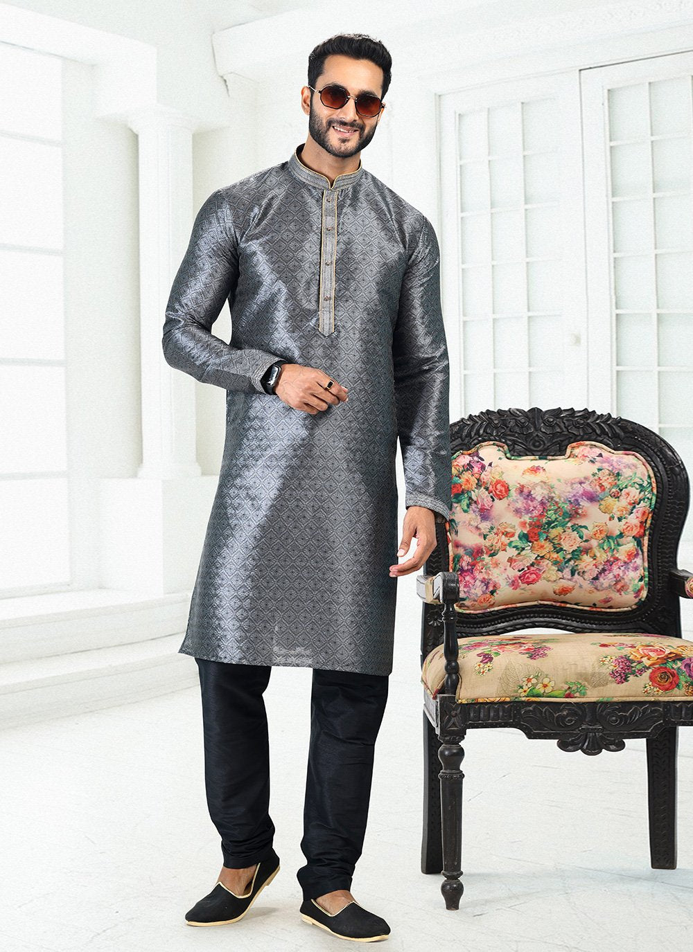 Kurta Pyjama Banarasi Silk Grey Digital Print Mens