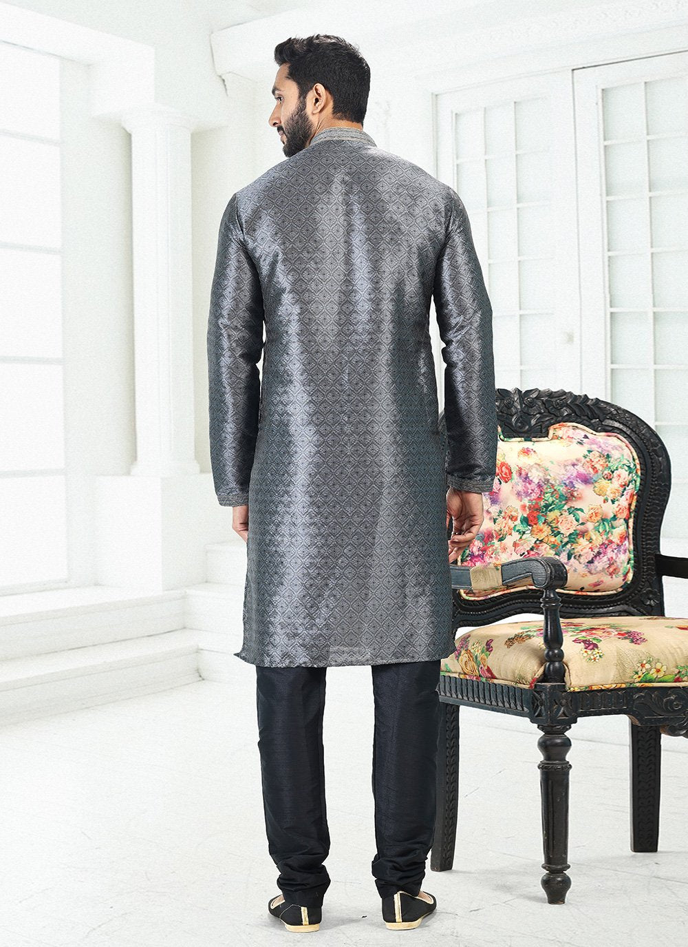 Kurta Pyjama Banarasi Silk Grey Digital Print Mens