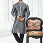 Kurta Pyjama Banarasi Silk Grey Digital Print Mens