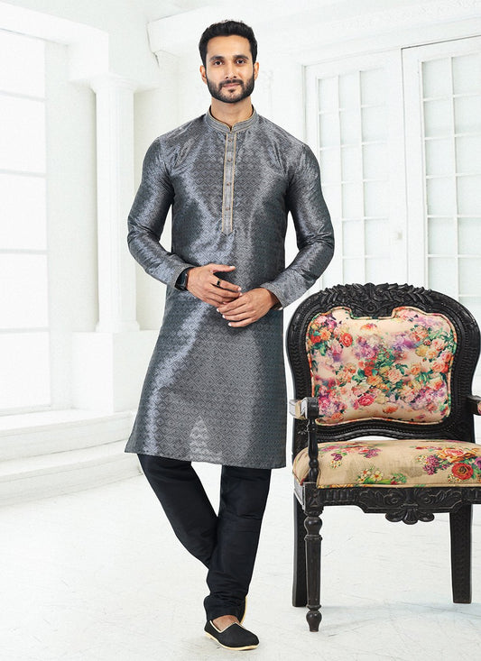 Kurta Pyjama Banarasi Silk Grey Digital Print Mens