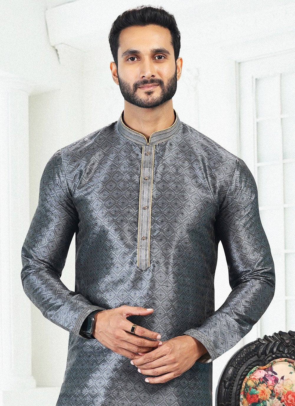 Kurta Pyjama Banarasi Silk Grey Digital Print Mens