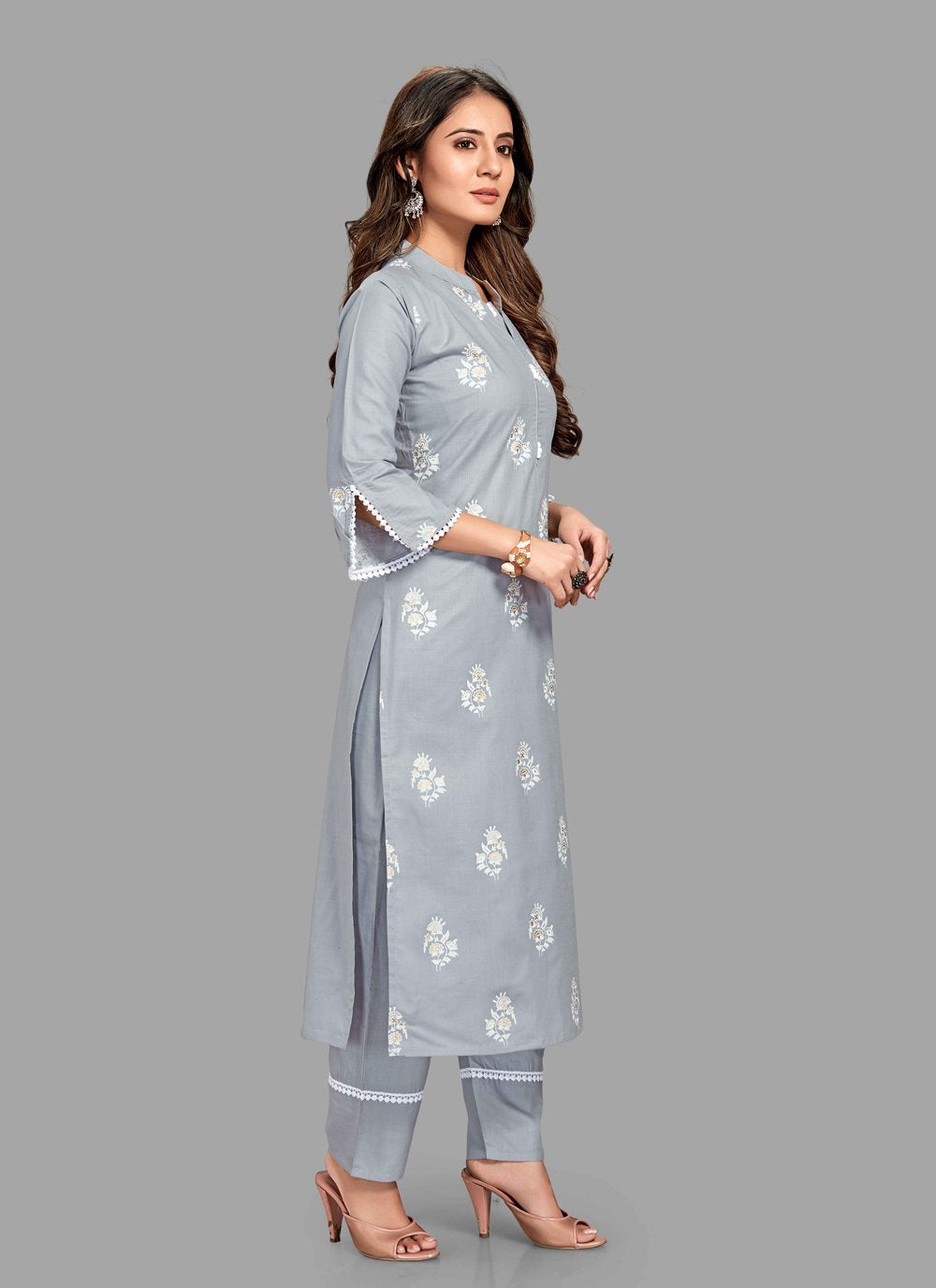Pant Style Suit Blended Cotton Grey Block Print Salwar Kameez