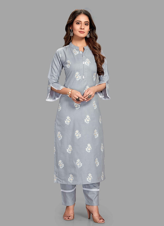 Pant Style Suit Blended Cotton Grey Block Print Salwar Kameez