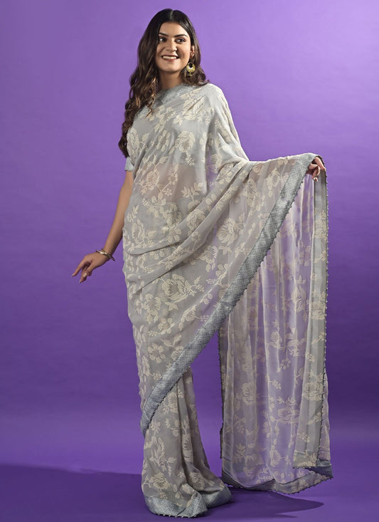 Contemporary Georgette Grey Patch Border Saree